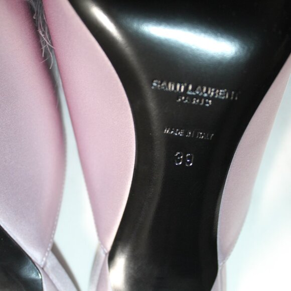 NWB Saint Laurent Paris Feather Pom Pom Kitten Heels Mules SlipOns Poly Grey 39 - Picture 9 of 9